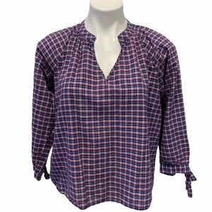 Madewell Plaid Tie Sleeve Red Blue Popover Top - Size Small